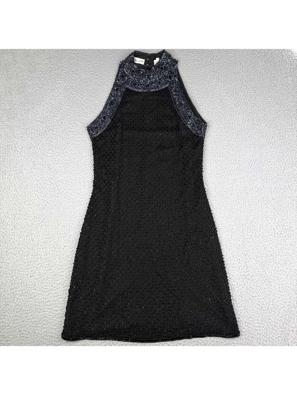 Vtg 90s Y2K Scala Silk Lining Beaded Halter Dress L Zip Formal Midi Whimsigoth